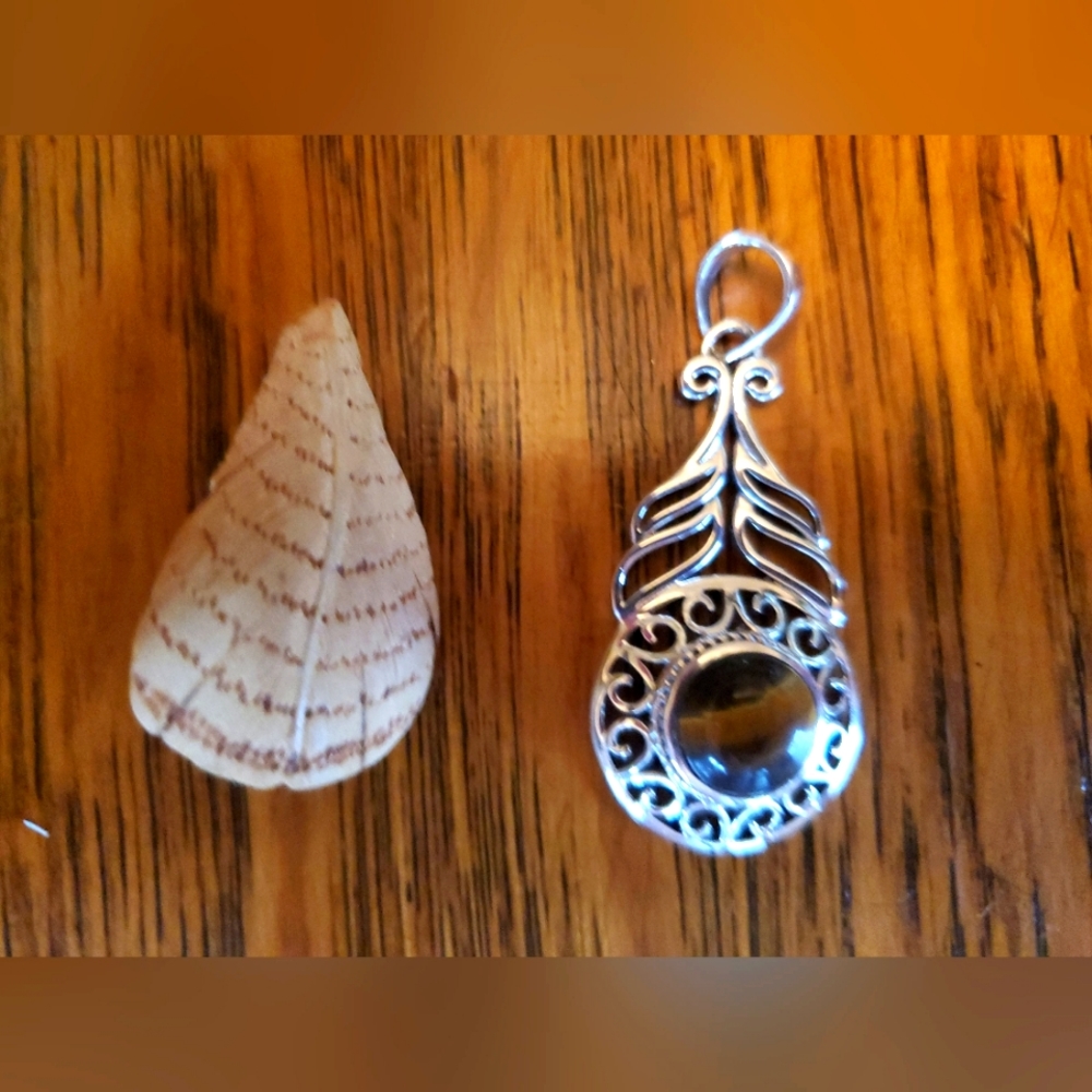 Wooden leaf pin 1.5" & tigers eye sterling pendant 2" Fall Autumn